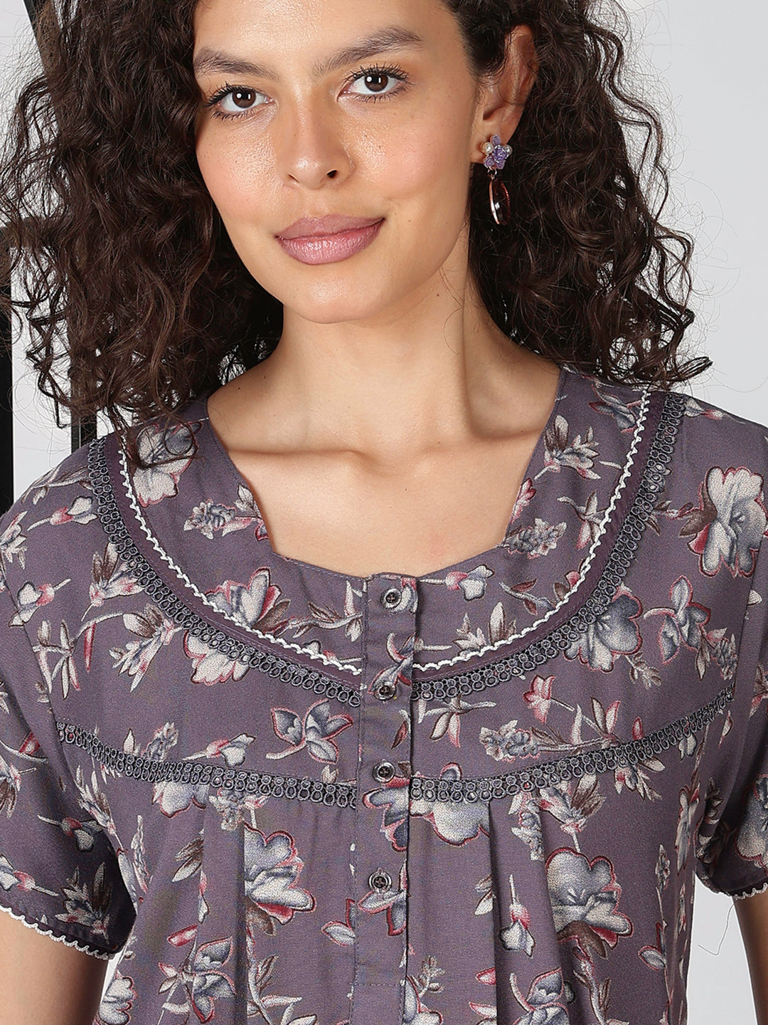 Charcoal lavender alpine floral summer nighty for women