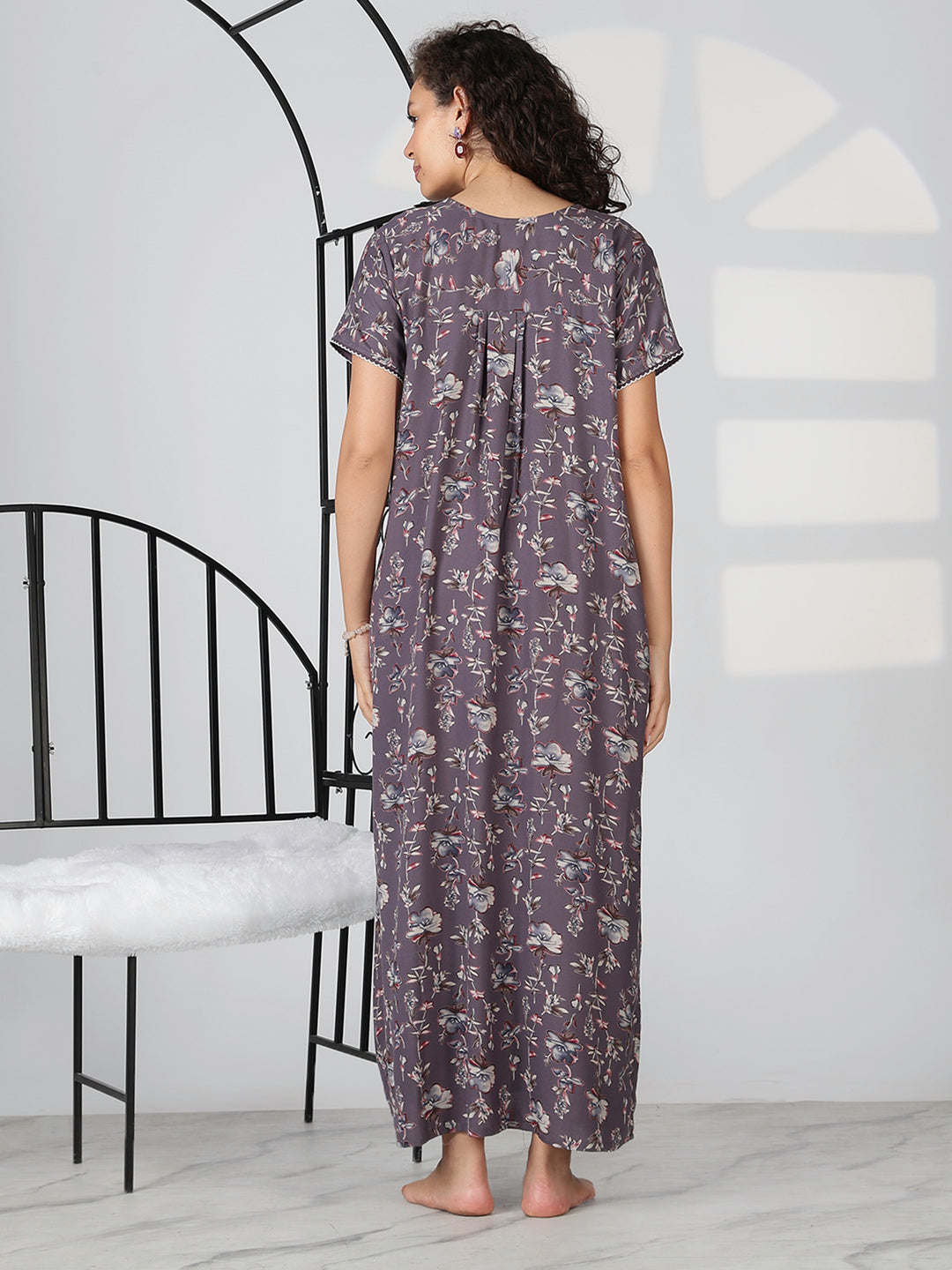 Charcoal lavender alpine floral summer nighty for women