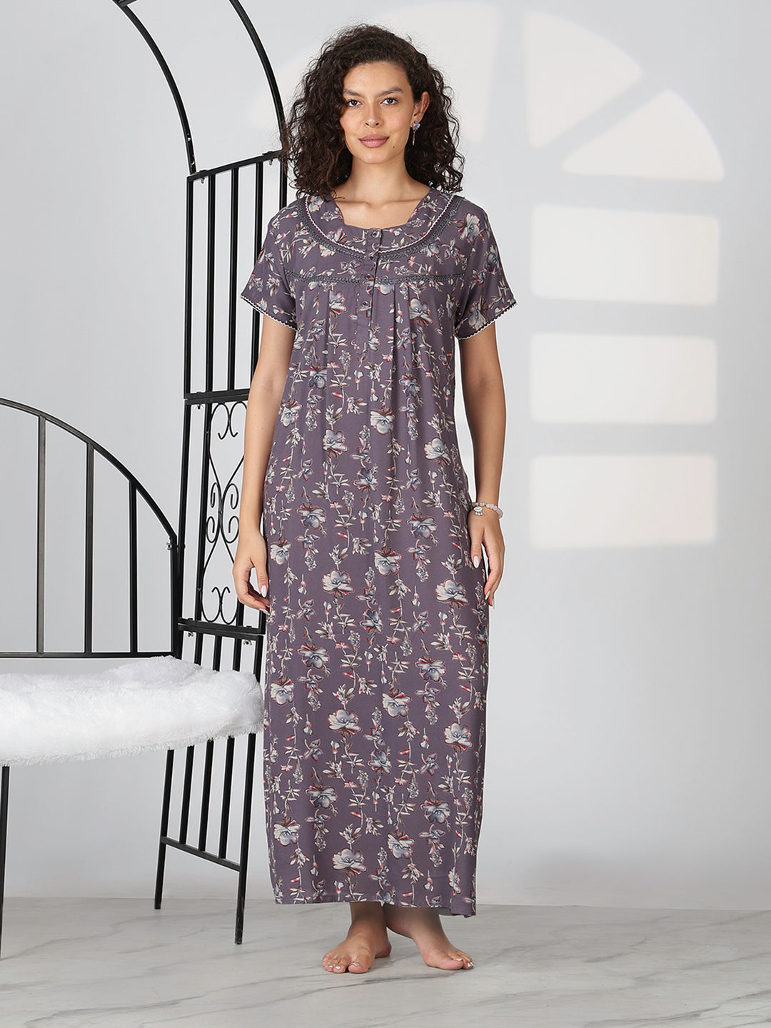 Charcoal lavender alpine floral summer nighty for women
