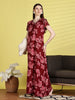 Alpine Floral Print Nighty for Women in Red with Lace Sleeves
