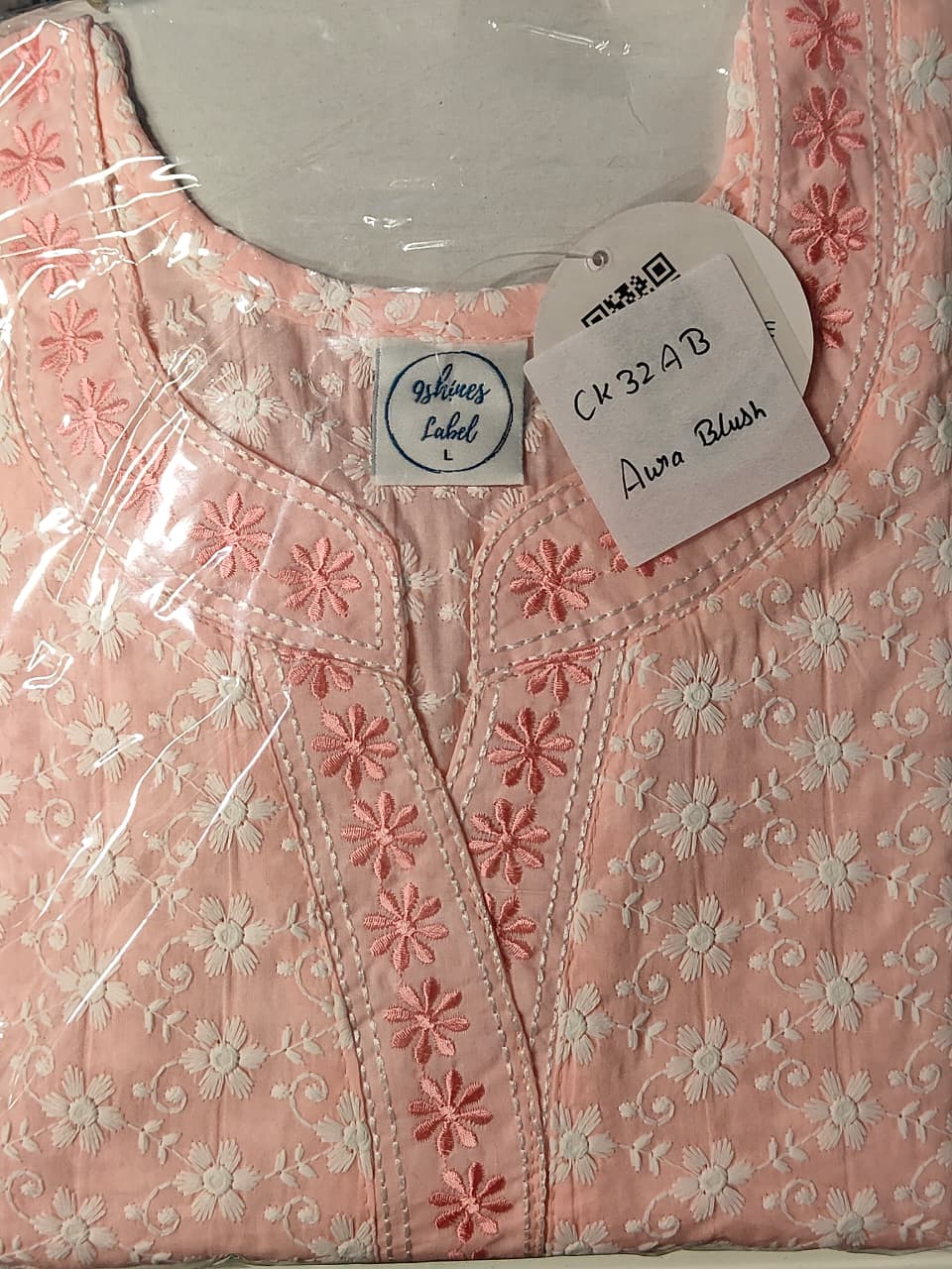 Peach soft cotton chikankari nighty for women