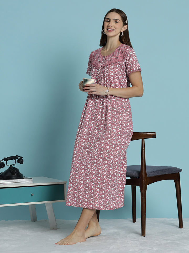 Rose pink chikankari pure cotton nighty for women