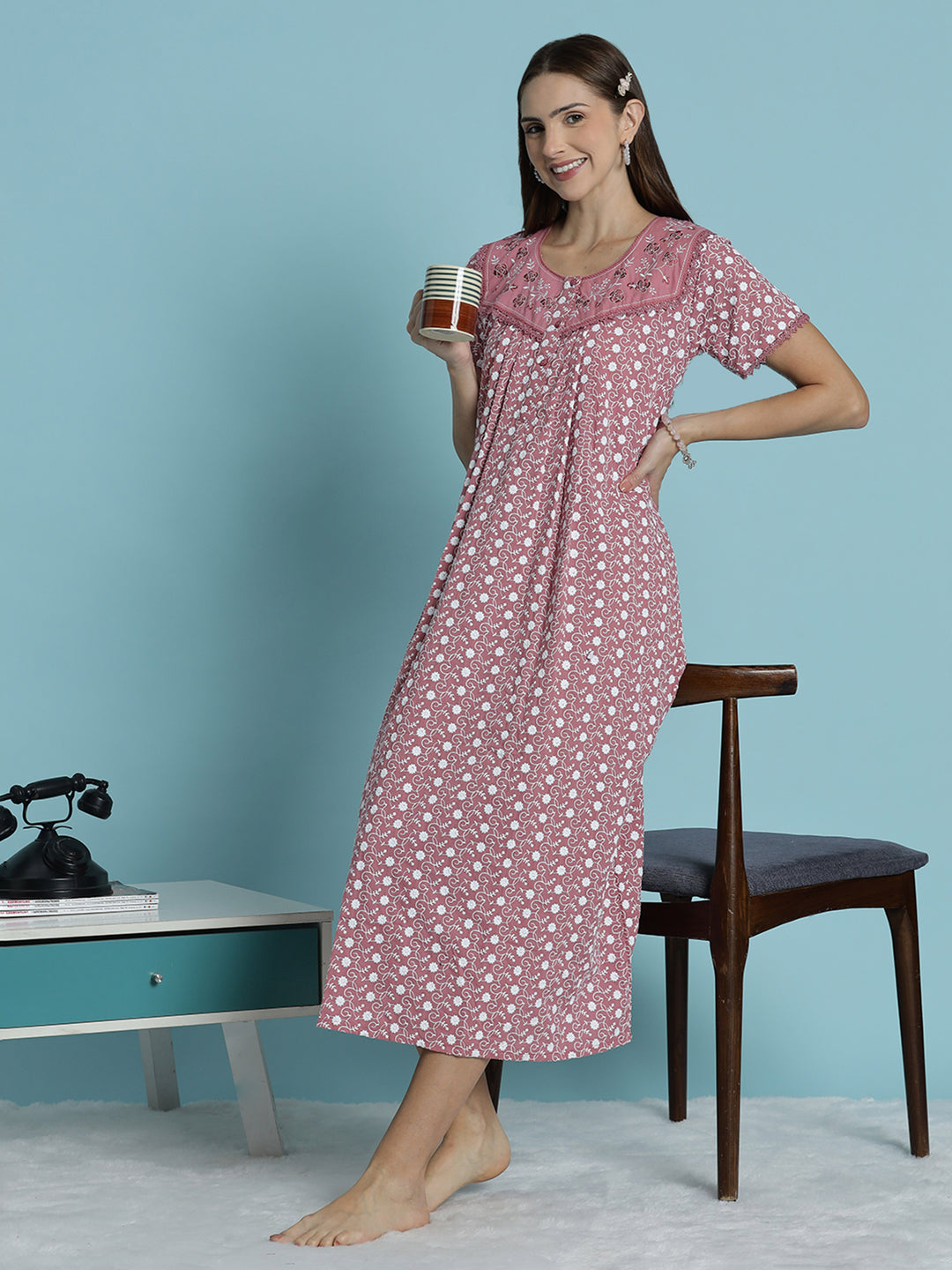 Rose pink chikankari pure cotton nighty for women