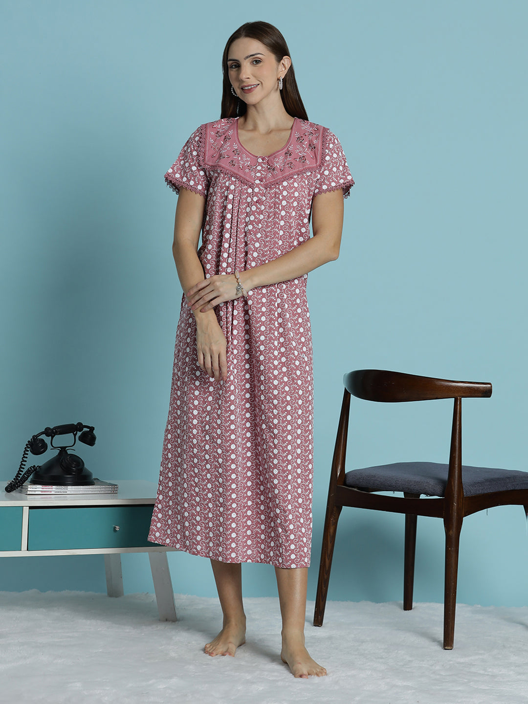 Rose pink chikankari pure cotton nighty for women