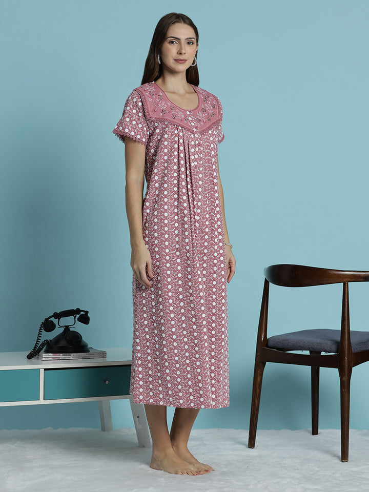 Rose pink chikankari pure cotton nighty for women