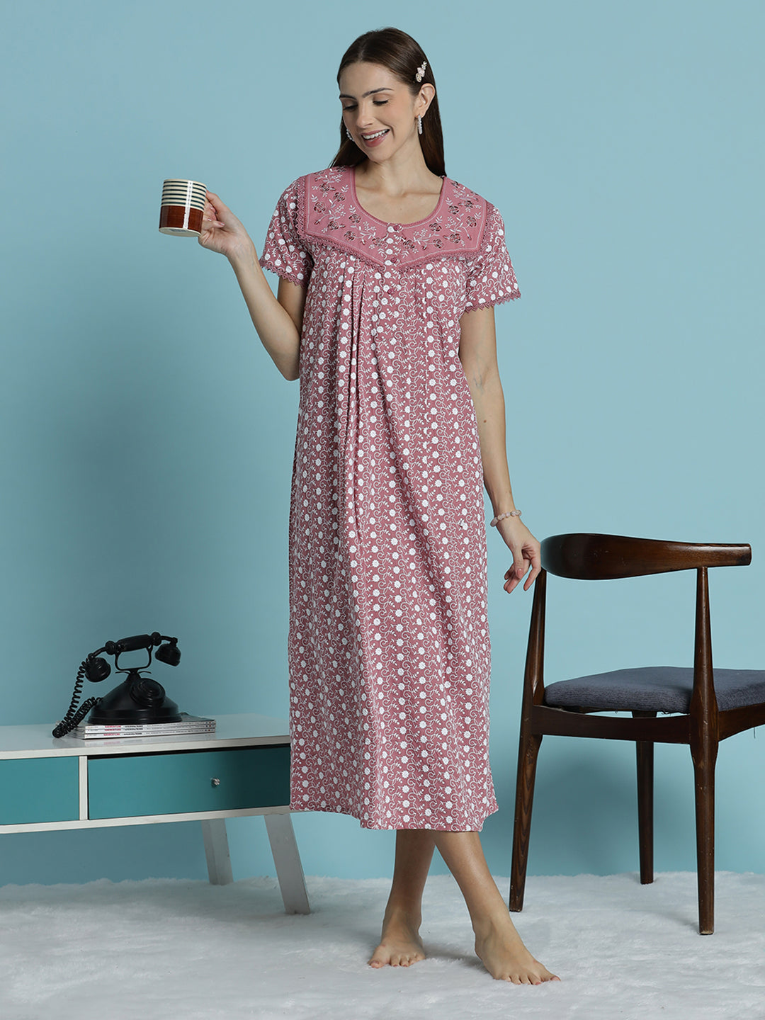 Rose pink chikankari pure cotton nighty for women