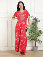 Classic Red Floral Print Alpine Nighty for Women with Embroidery