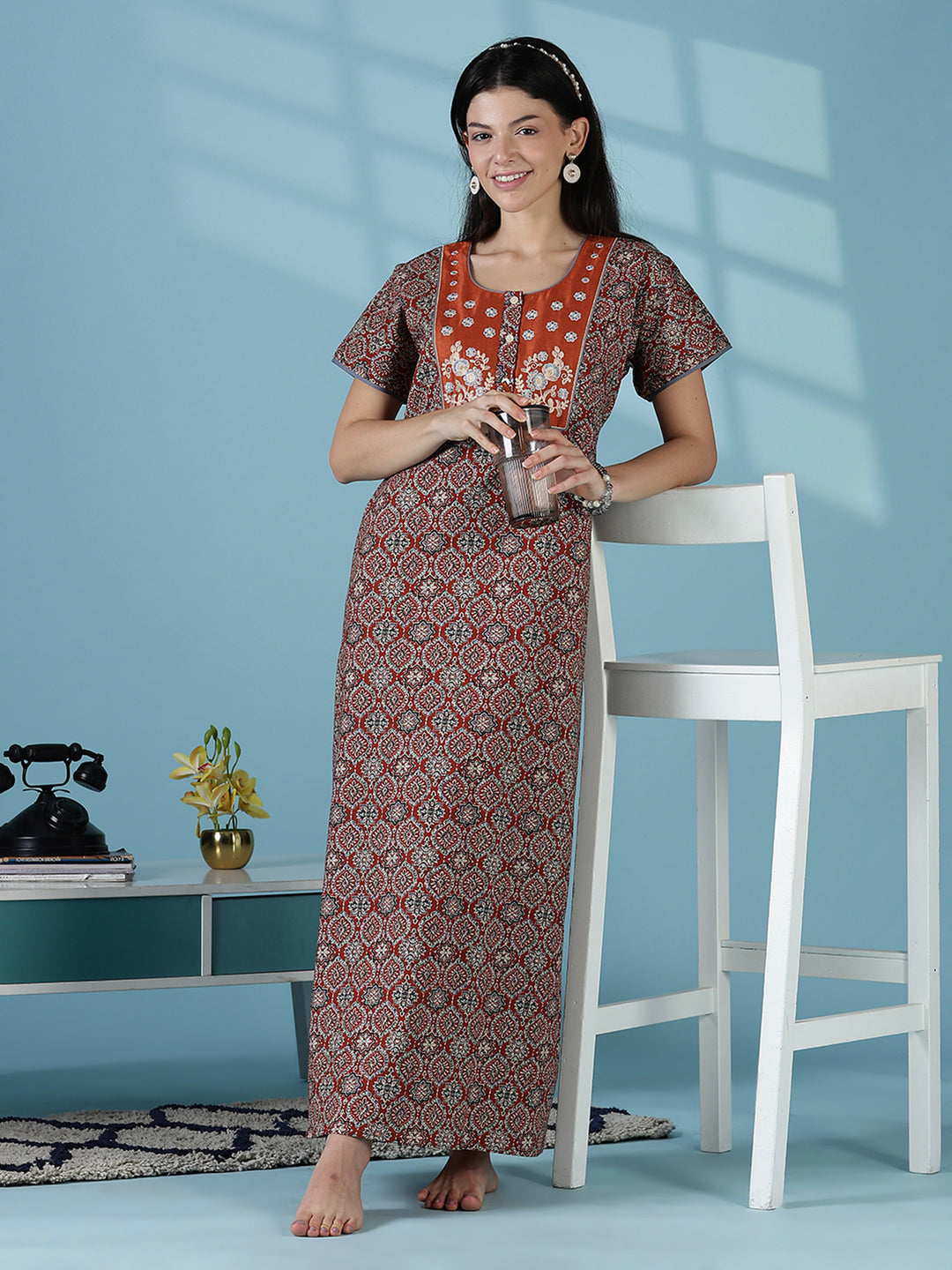 Buy Clay Brown 100% Pure Cotton Nightgown for Women In India Cotton / M/40
