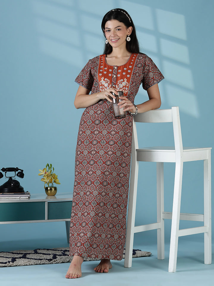 Clay brown 100% pure cotton nightgown for women in India