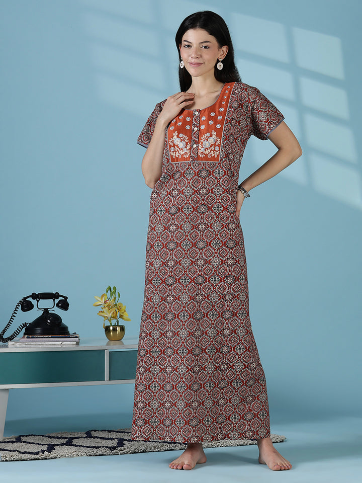 Clay brown 100% pure cotton nightgown for women in India