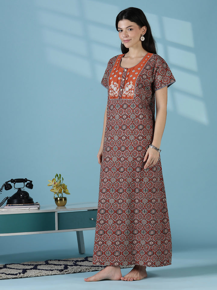 Clay brown 100% pure cotton nightgown for women in India