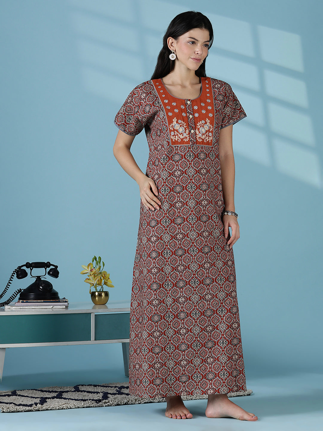 Clay brown 100% pure cotton nightgown for women in India