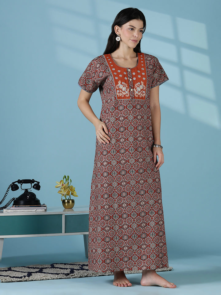 Clay brown 100% pure cotton nightgown for women in India