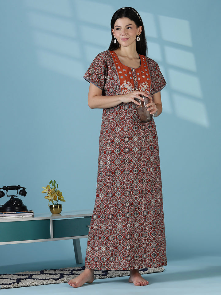 Clay brown 100% pure cotton nightgown for women in India