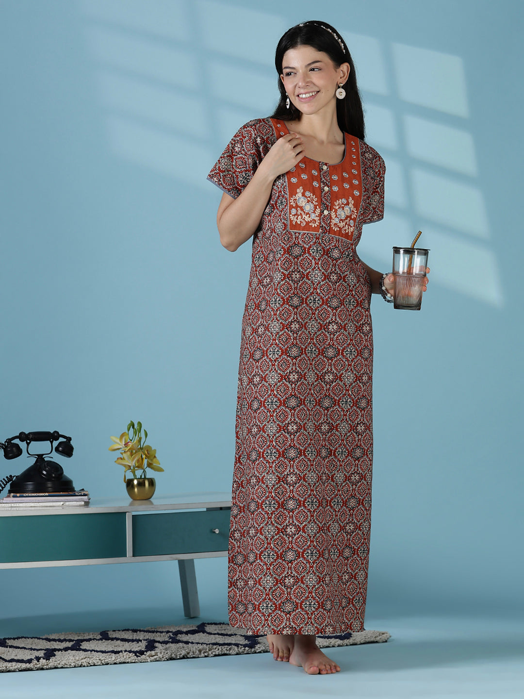 Clay brown 100% pure cotton nightgown for women in India