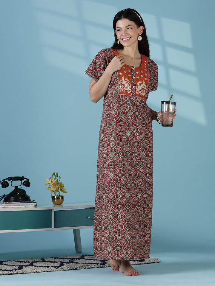 Clay brown 100% pure cotton nightgown for women in India