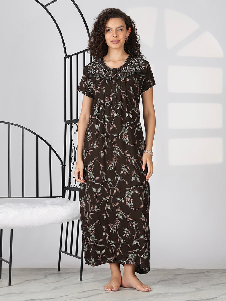 Coffee brown latest floral nighty for women In alpine