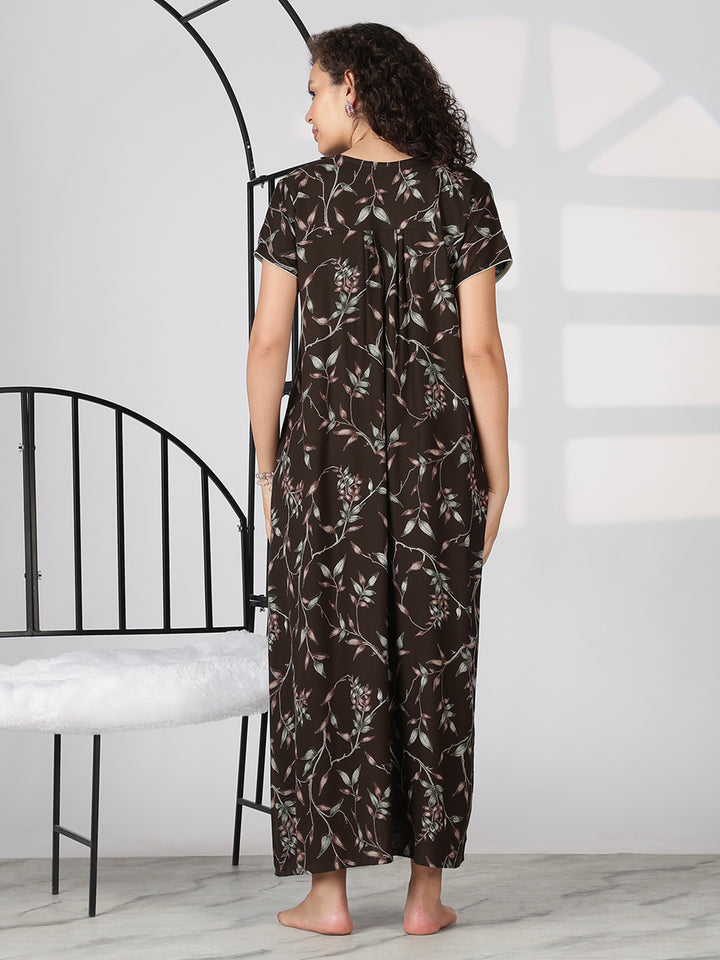 Coffee brown latest floral nighty for women In alpine