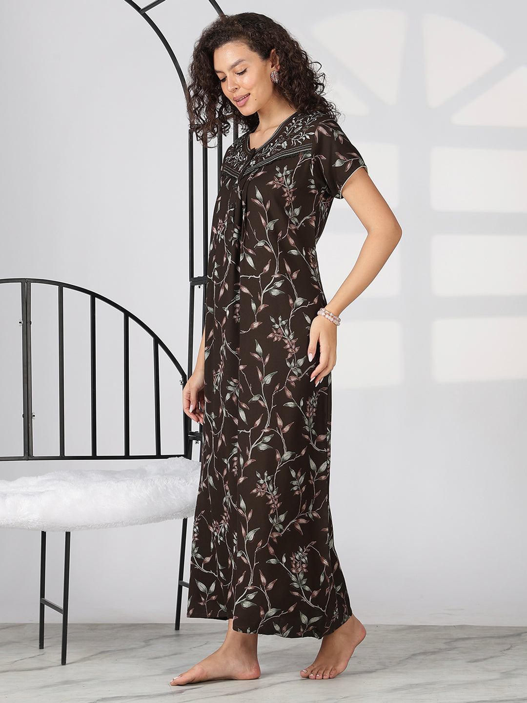 Coffee brown latest floral nighty for women In alpine