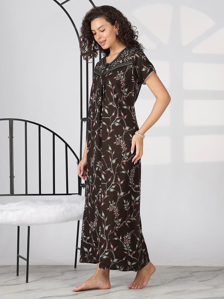 Coffee brown latest floral nighty for women In alpine