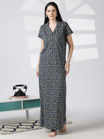 Olive Scribble Print Hosiery Cotton Nighty for Women