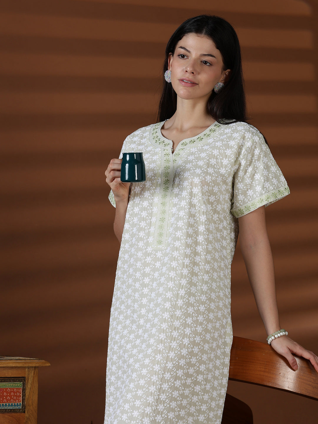 Green comfortable cotton chikankari nighty for women