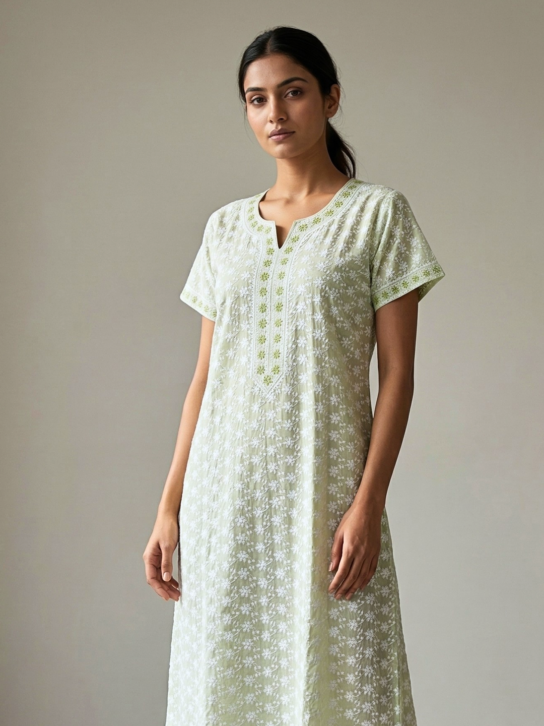 Sage green comfortable cotton chikankari nighty for women
