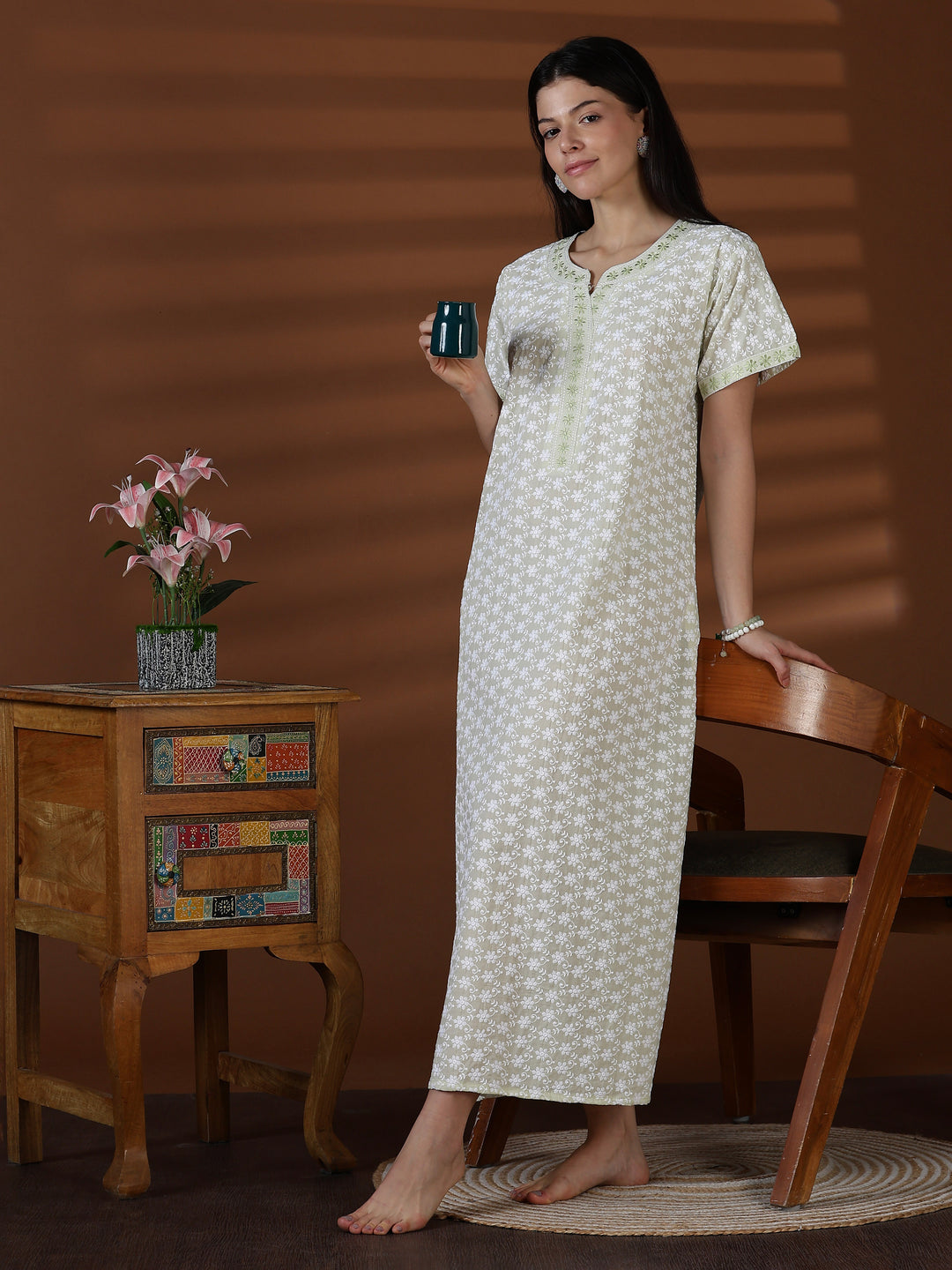 Green comfortable cotton chikankari nighty for women