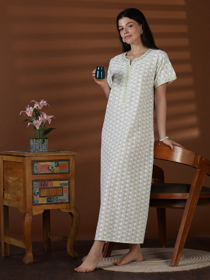 Green comfortable cotton chikankari nighty for women