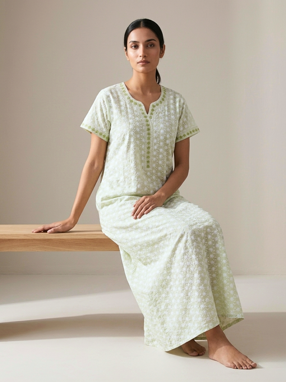 Sage green comfortable cotton chikankari nighty for women