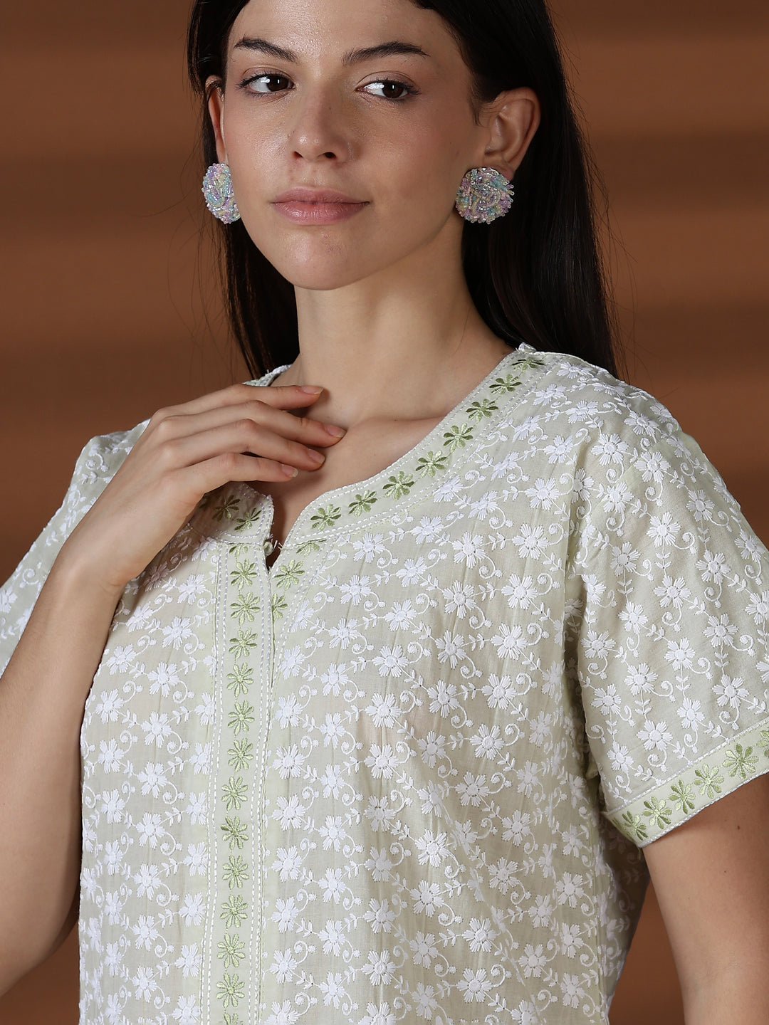 Green comfortable cotton chikankari nighty for women