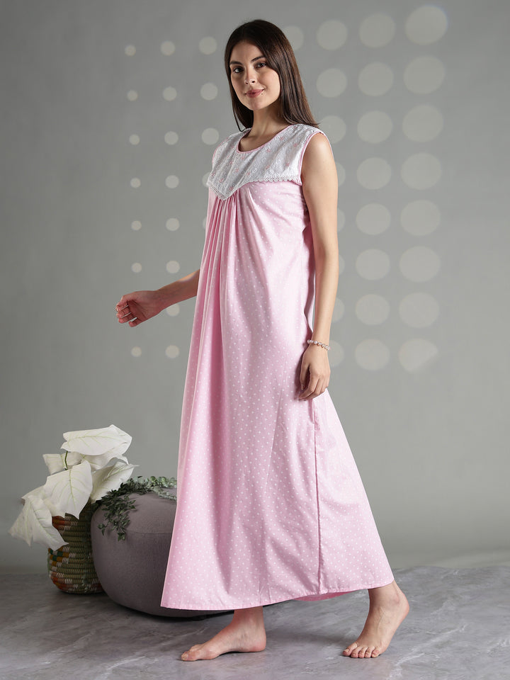 Pink cotton sleeveless nighty for women with comfortable relaxed fit