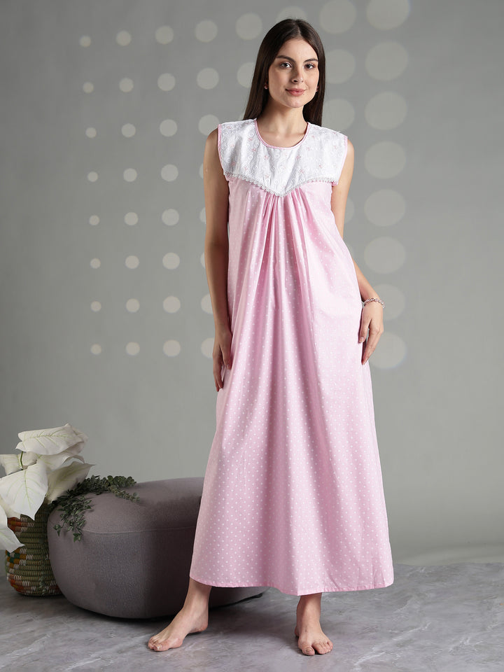 Pink cotton sleeveless nighty for women with comfortable relaxed fit