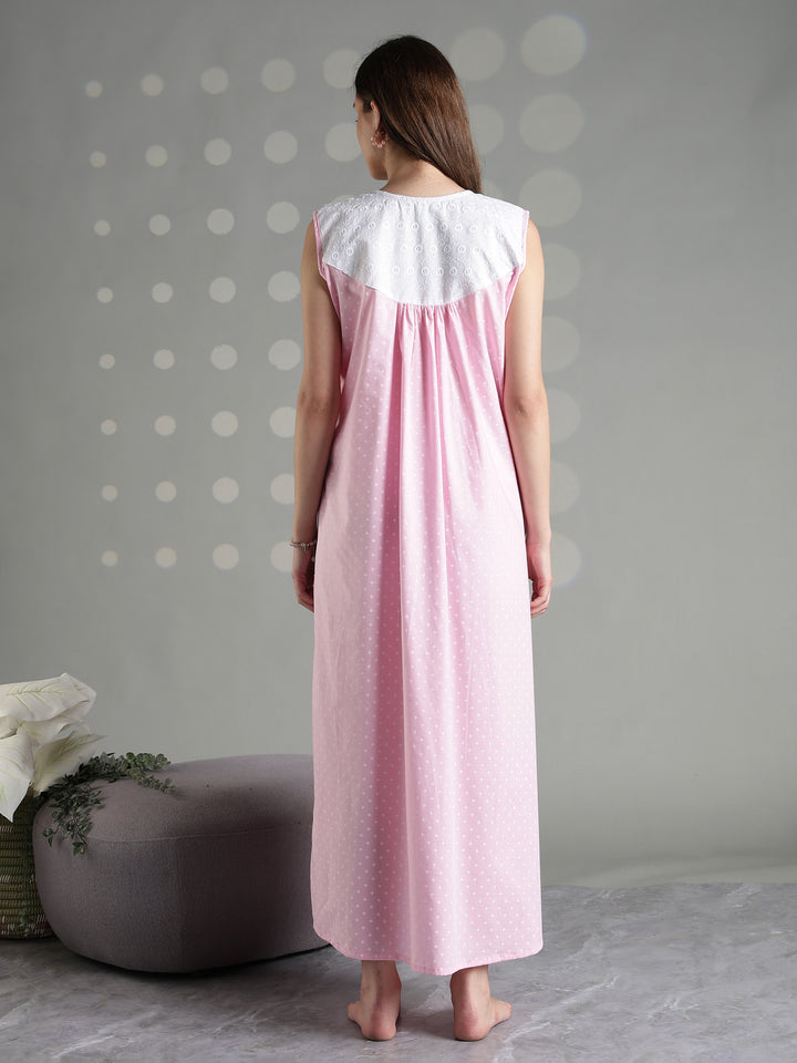 Pink cotton sleeveless nighty for women with comfortable relaxed fit