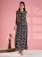 Black Bow Print Rayon Nighty Sleeveless A Line Fit
