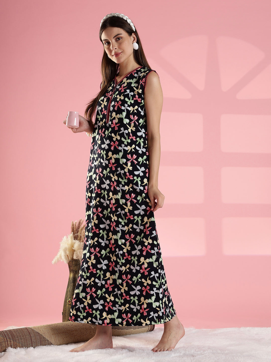 Black bow print comfortable summer nightwear for women