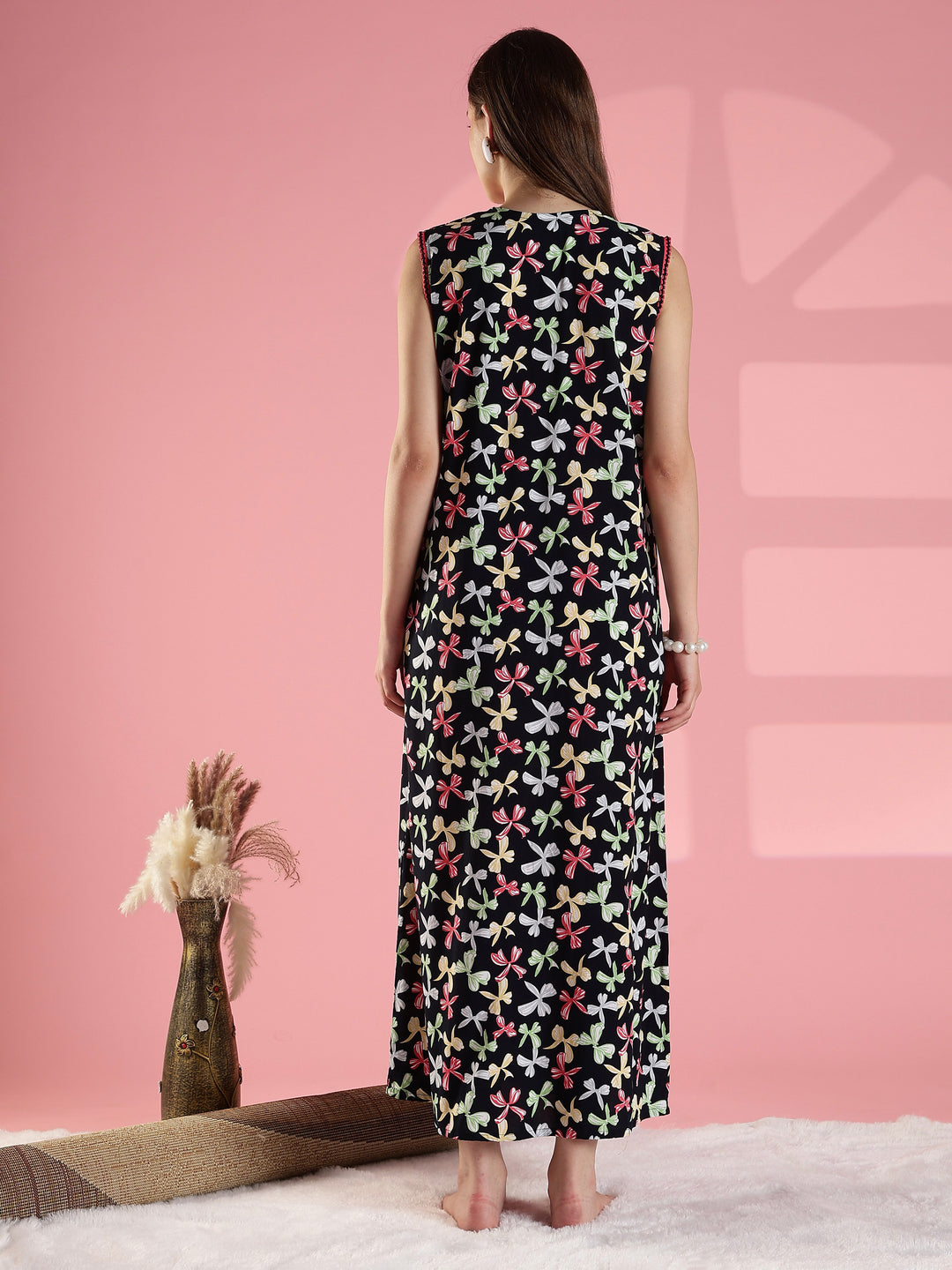 Black bow print comfortable summer nightwear for women