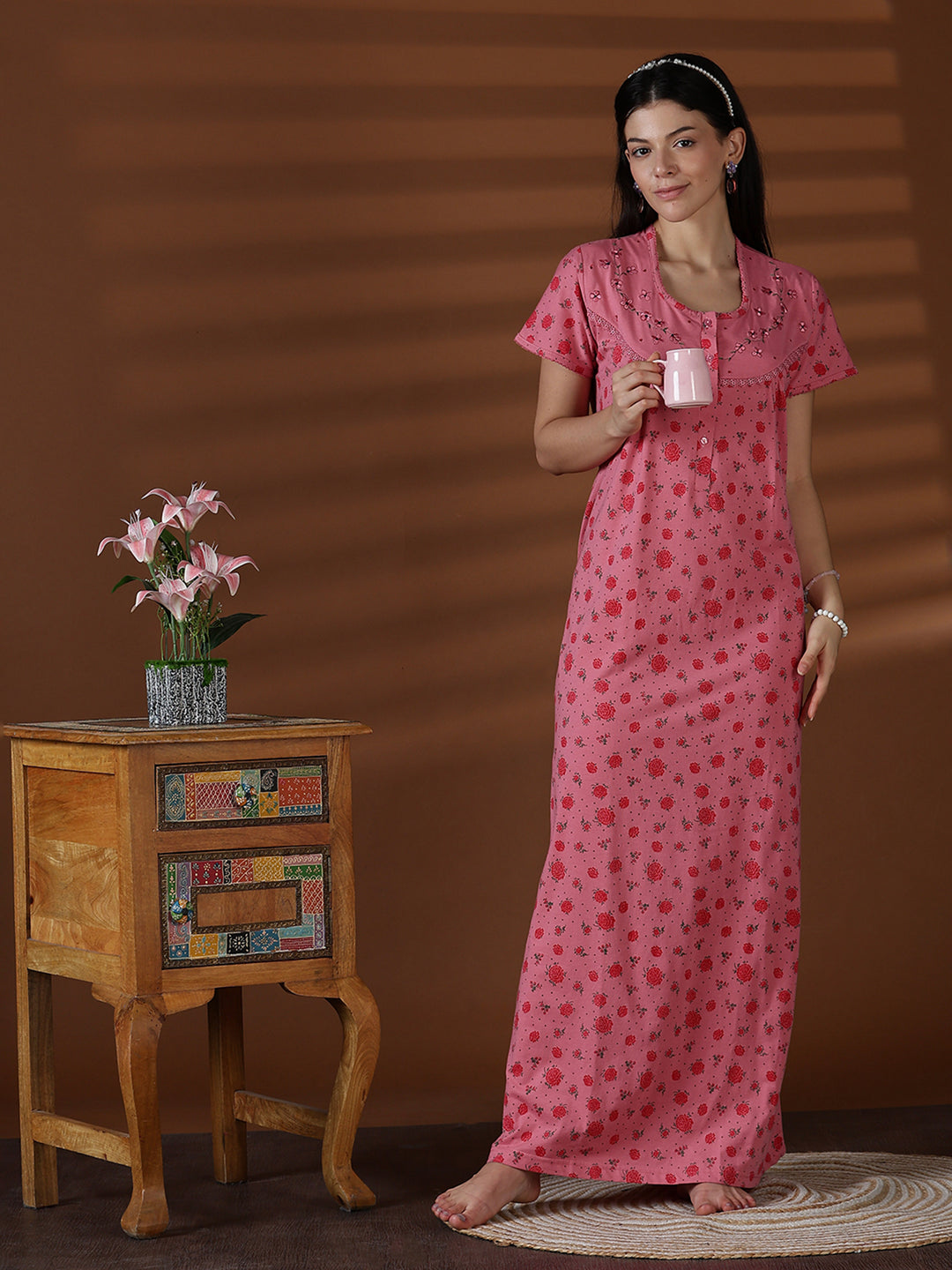 Cotton blend comfortable front open nightwear for women