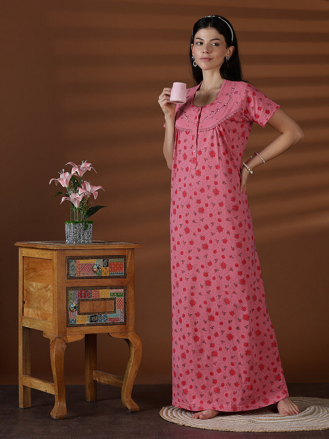 Cotton blend comfortable front open nightwear for women