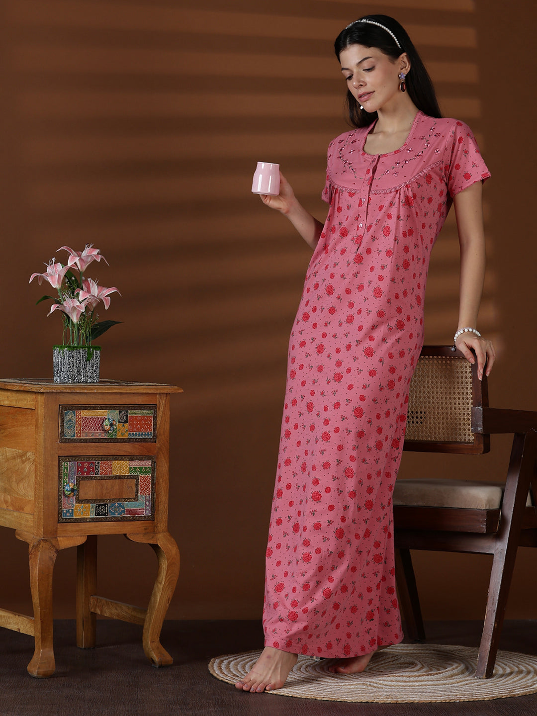 Cotton blend comfortable front open nightwear for women