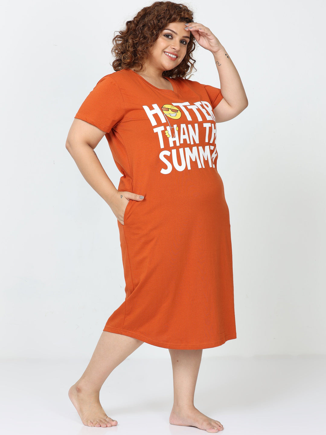 Classy sunset orange cotton short nighty for women