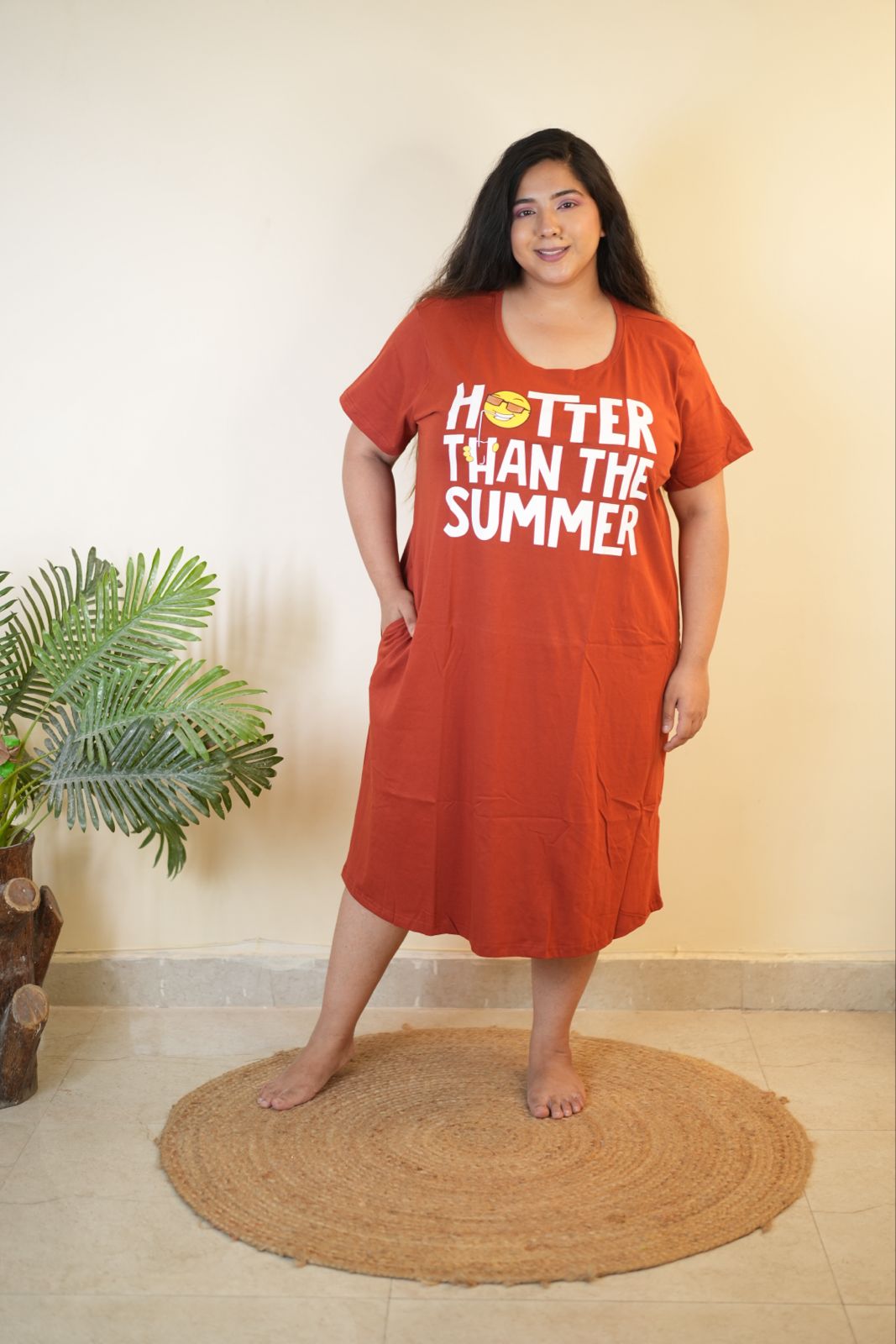Classy sunset orange cotton short nighty for women