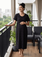 Dark Grey Geometric Print Maternity Feeding Nighty in Hosiery Cotton