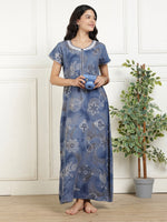Bahaar Blue Alpine Nighty for Women with Abstract Motif Print