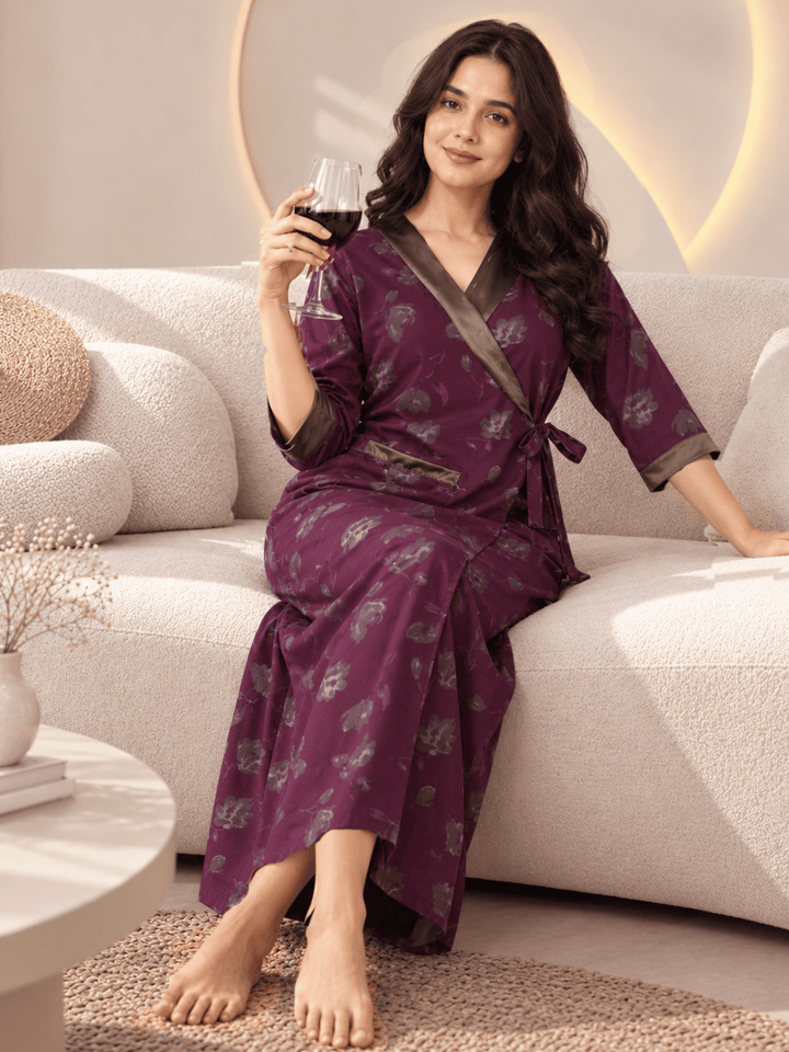 Plum orchid floral house coat for women with front pocket