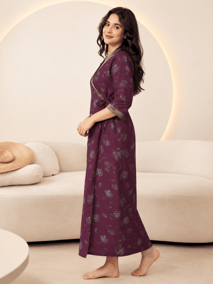 Plum orchid floral house coat for women with front pocket