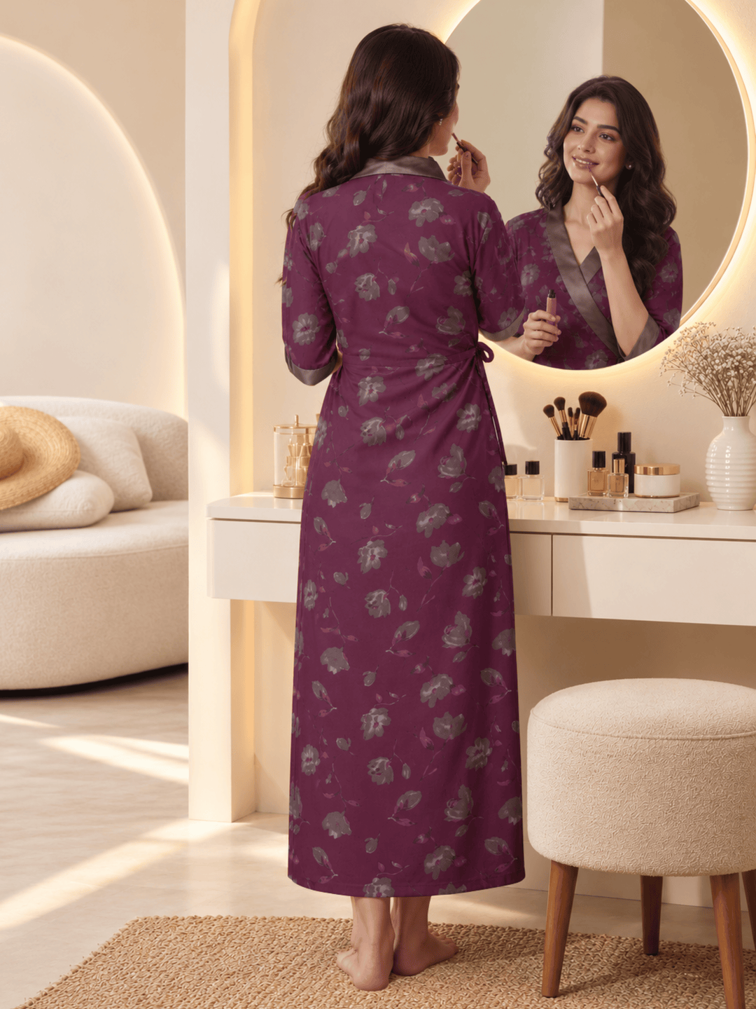 Plum orchid floral house coat for women with front pocket