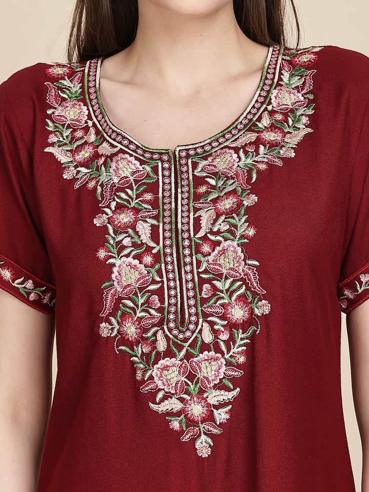 Ruby red alpine designer nighty with embroidered neck