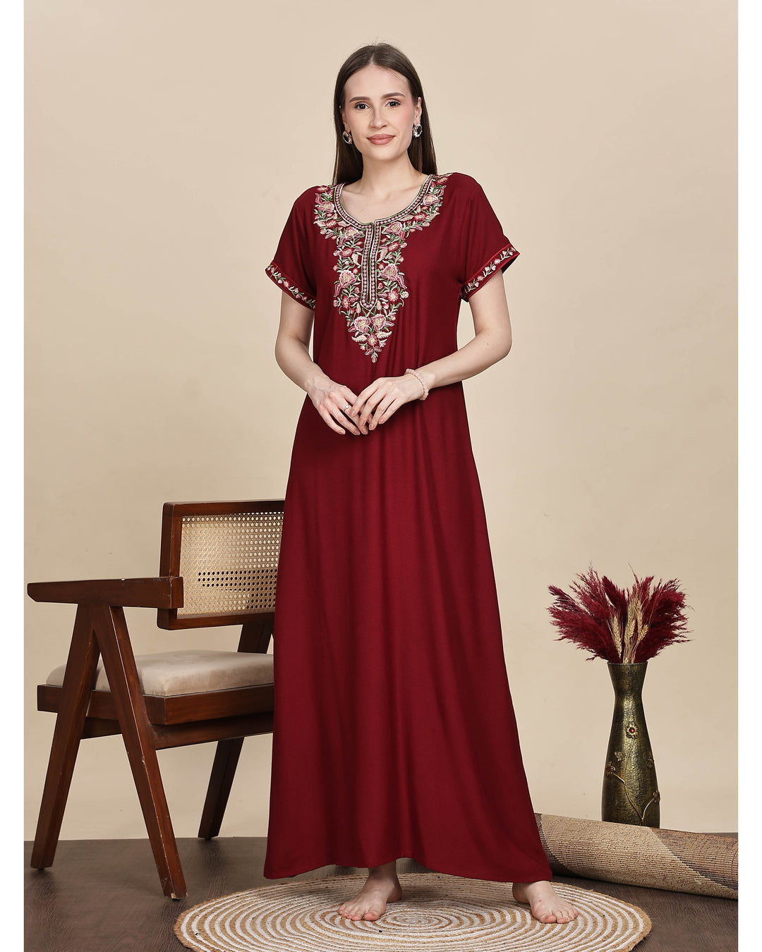 Ruby red alpine designer nighty with embroidered neck