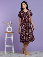Maroon Abstract Print Hosiery Cotton Home Wear Nighty for Women